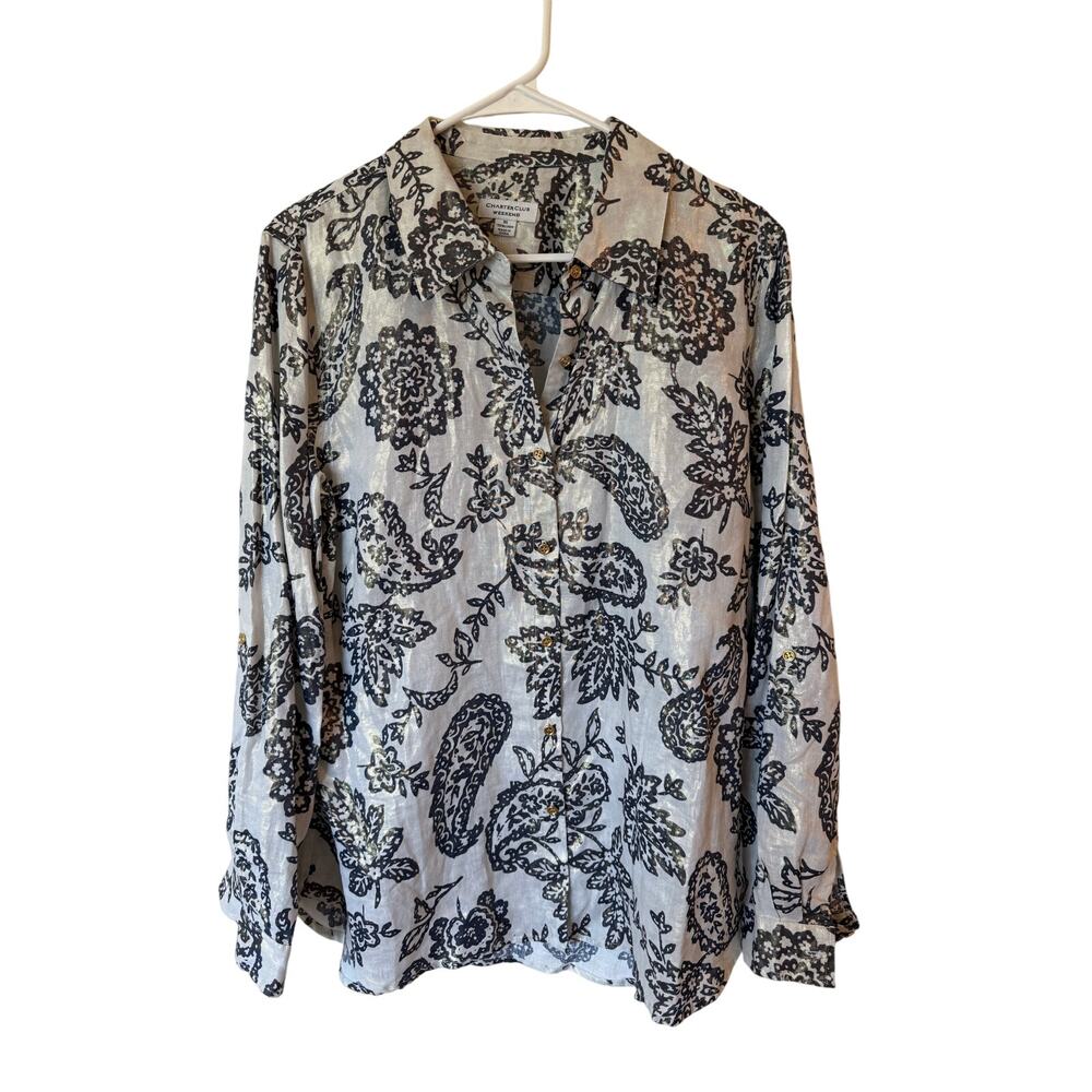 NWT Charter Club Blouse Floral Paisley Gold Shimmer Women XL Party Linen Classic